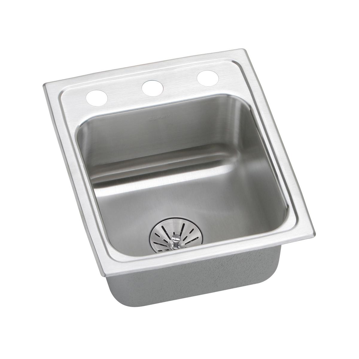 Stainless steel drop-in sink with single bowl, three pre-drilled holes, and drain strainer visible in basin.