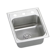 Stainless steel drop-in sink with single bowl, two faucet holes, and drain strainer visible.