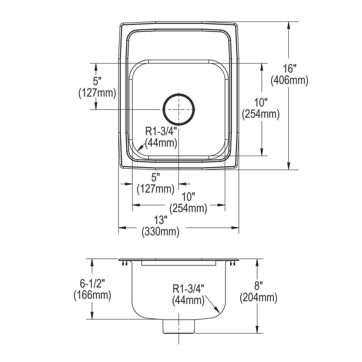 Stainless steel single bowl drop-in sink with rounded corners, one faucet hole, and 6-1/2" depth shown in top and side view d