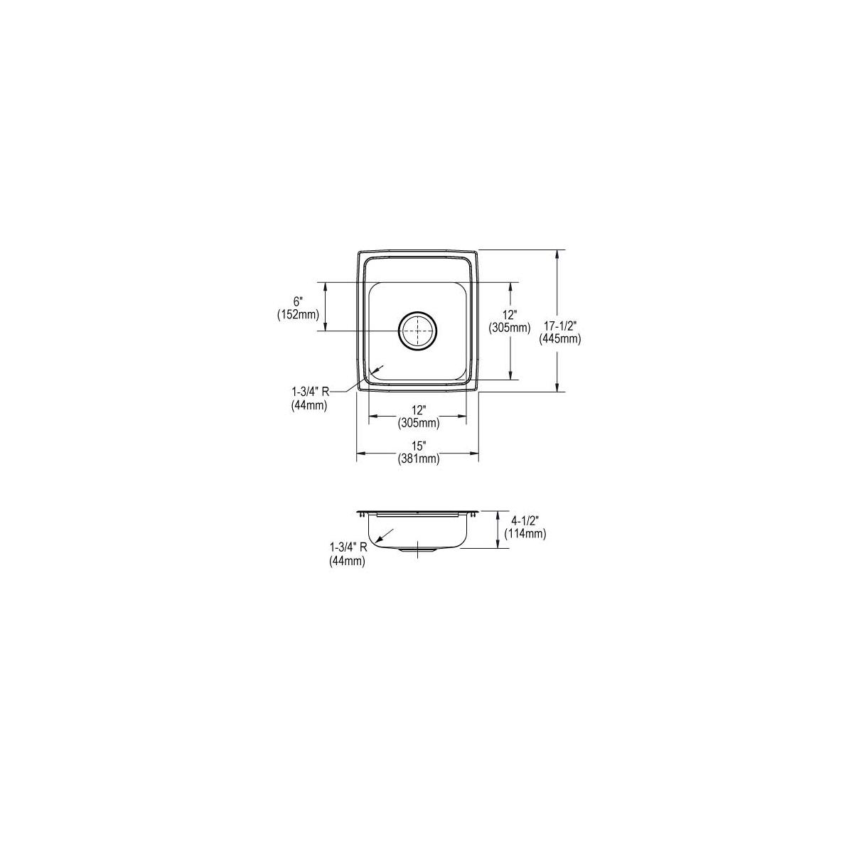 Stainless steel drop-in sink with single bowl and one faucet hole, shown with top and side view technical drawings including 