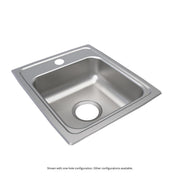 Stainless steel drop-in sink with single bowl, drain opening, and faucet hole on rim.