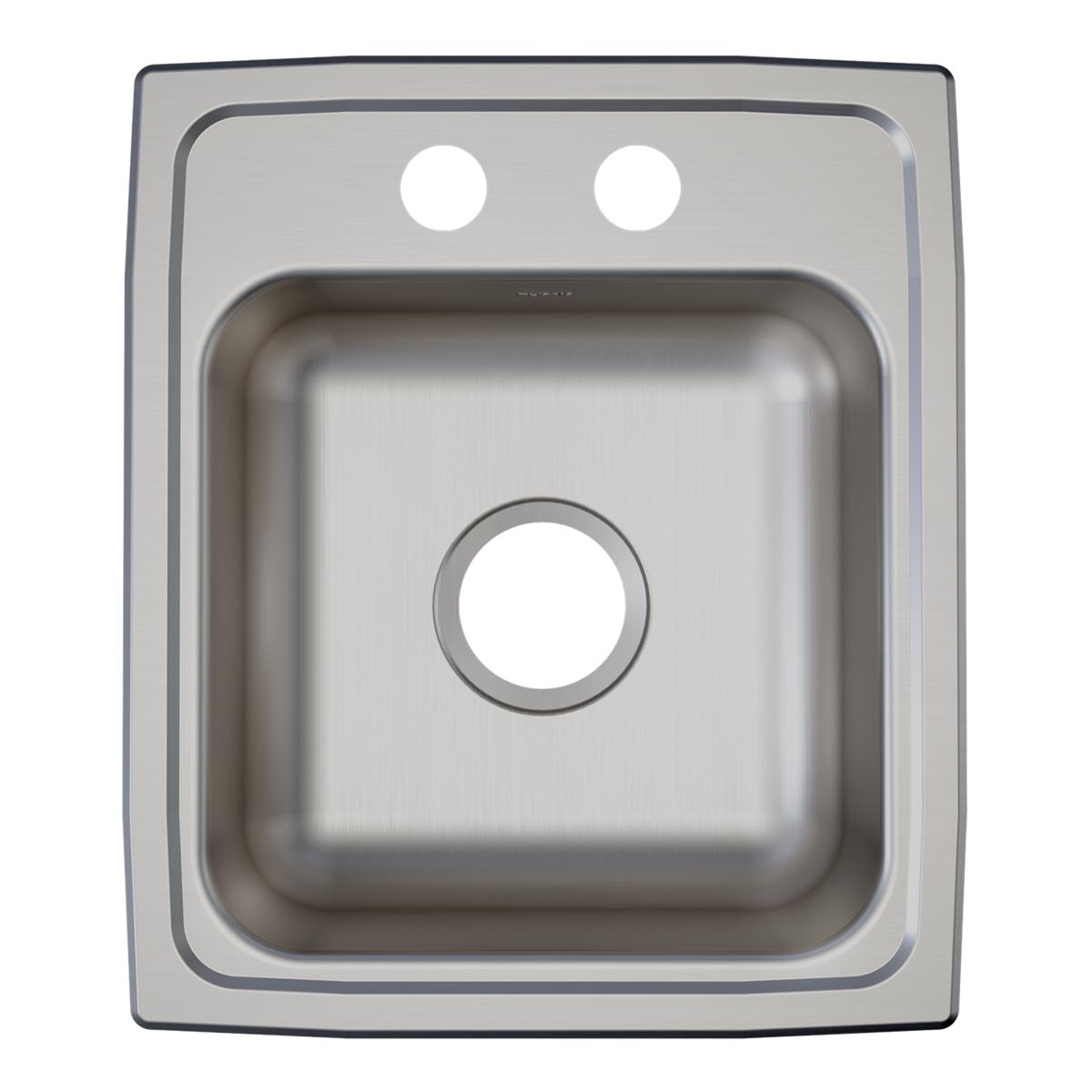 Stainless steel drop-in sink with single bowl, two faucet holes, and brushed finish, viewed from above.