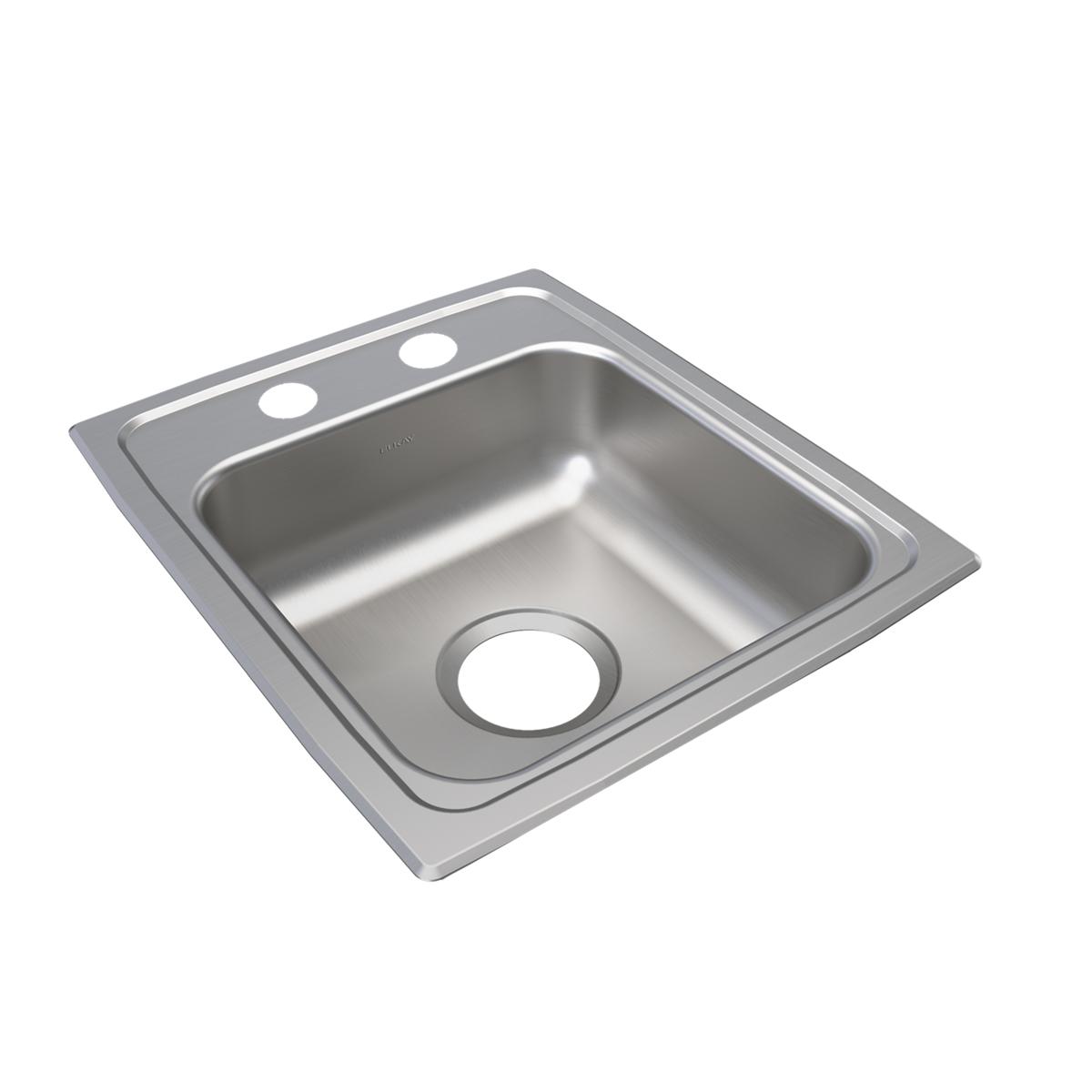 Stainless steel drop-in sink with single bowl, two holes on rim, and drain opening.