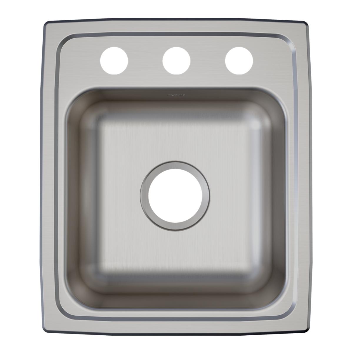 Stainless steel drop-in sink with single bowl and three pre-drilled holes across the rim for faucet mounting.
