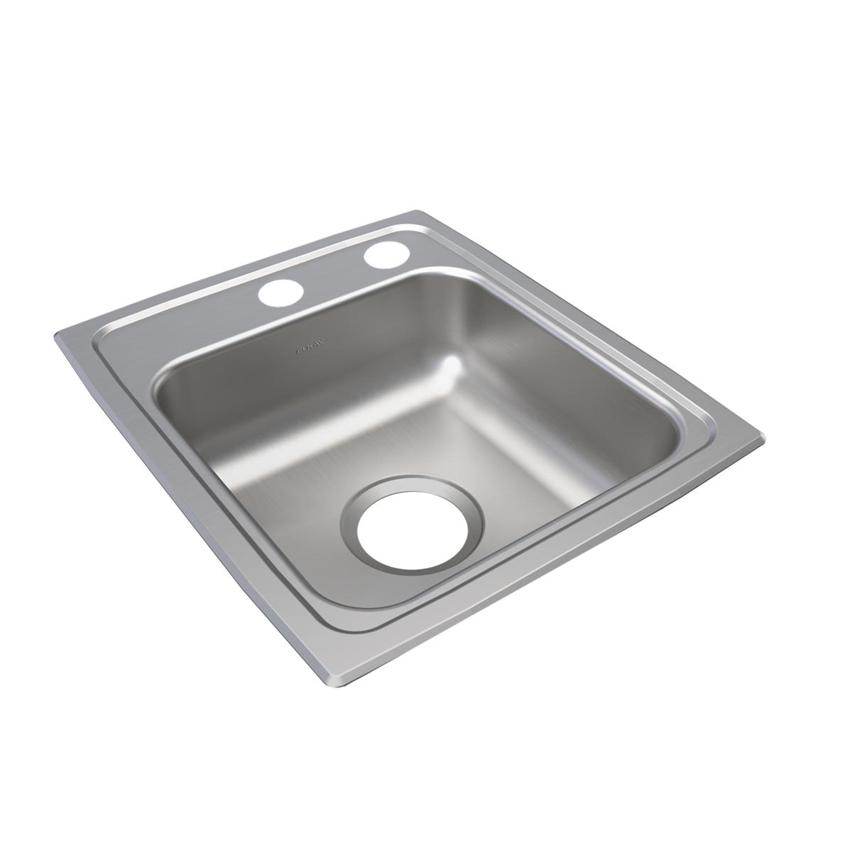 Stainless steel drop-in sink with single bowl, two faucet holes, and drain opening on brushed surface.