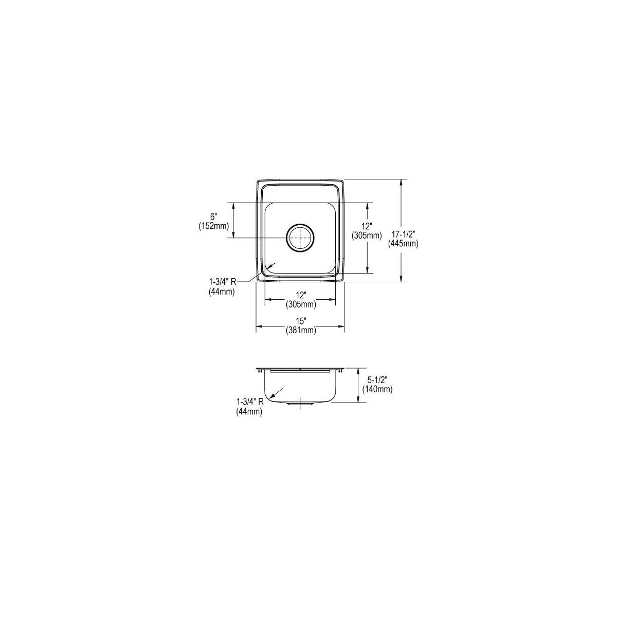 Technical drawing showing top and side views of a rectangular stainless steel drop-in sink with single bowl and one faucet ho