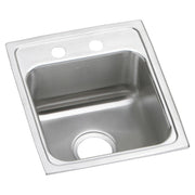 Stainless steel drop-in sink with single bowl, two faucet holes, and drain opening.