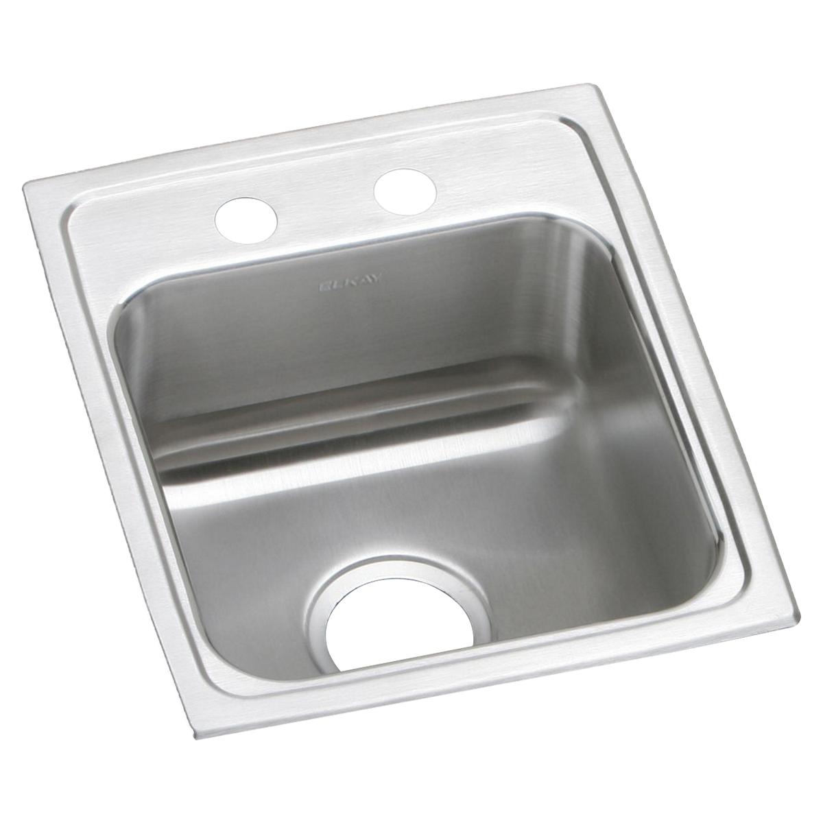Stainless steel drop-in sink with single bowl, two faucet holes, and drain opening.