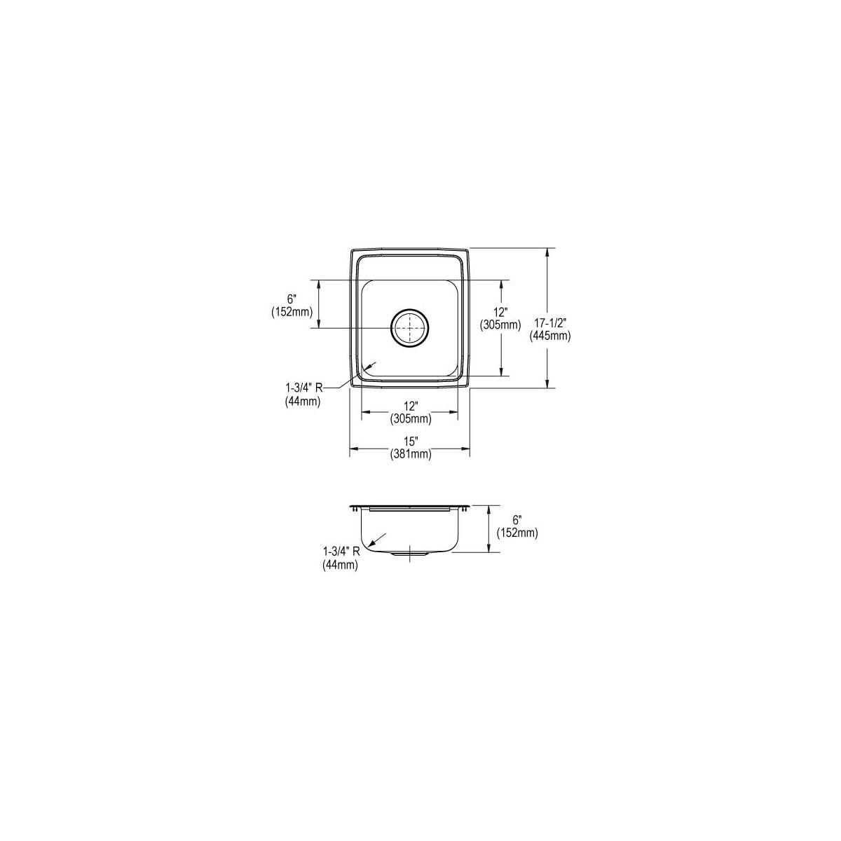 Stainless steel drop-in sink with single bowl, two holes, and dimension measurements shown in top and side views.