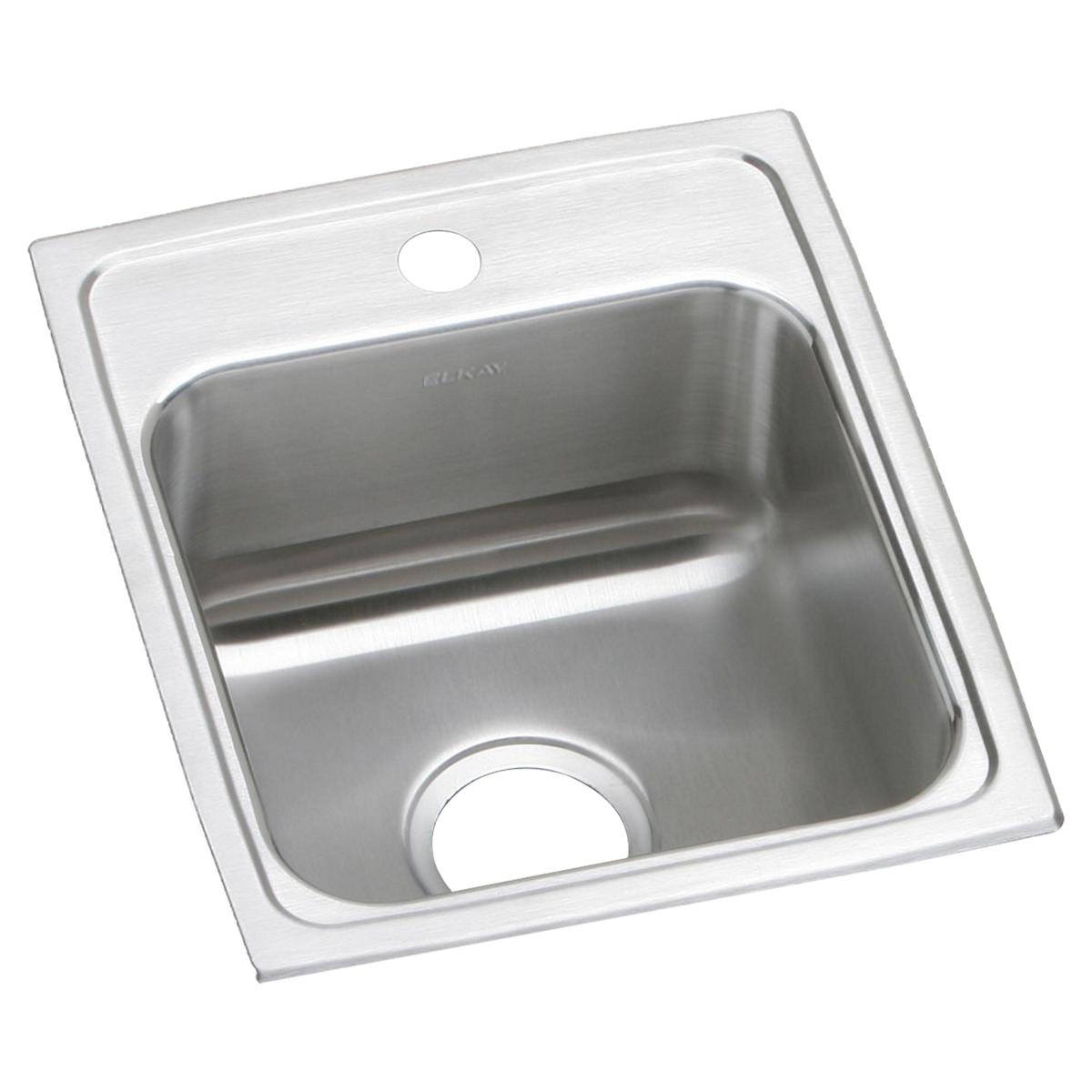 Stainless steel single bowl drop-in sink with one faucet hole and drain opening.