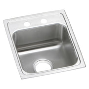 Stainless steel drop-in sink with single bowl, two faucet holes, and drain opening on brushed surface rim.