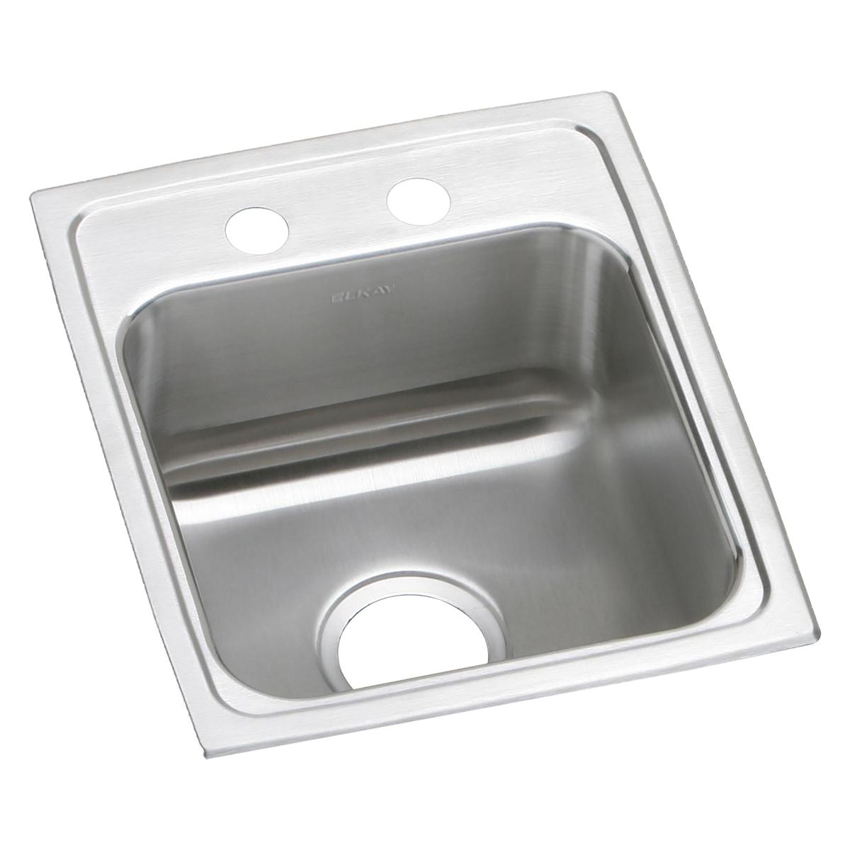 Stainless steel drop-in sink with single bowl, two faucet holes, and drain opening on brushed surface rim.