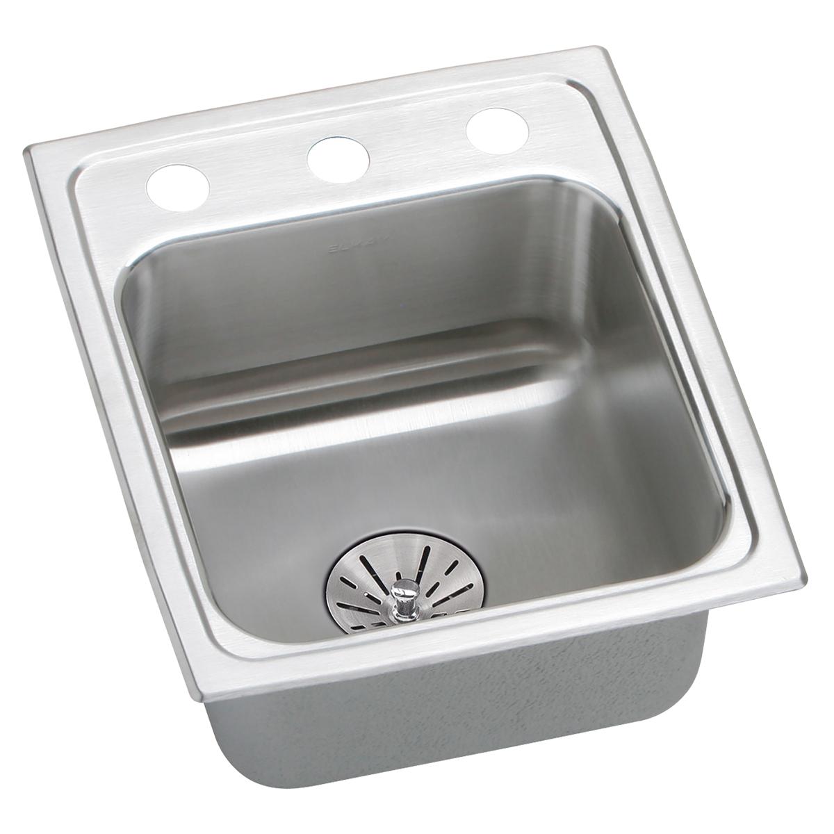 Stainless steel drop-in sink with single bowl, drain basket, and three mounting holes on rim.