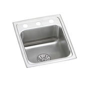 Stainless steel single bowl drop-in sink with four mounting holes and drain strainer visible at bottom.