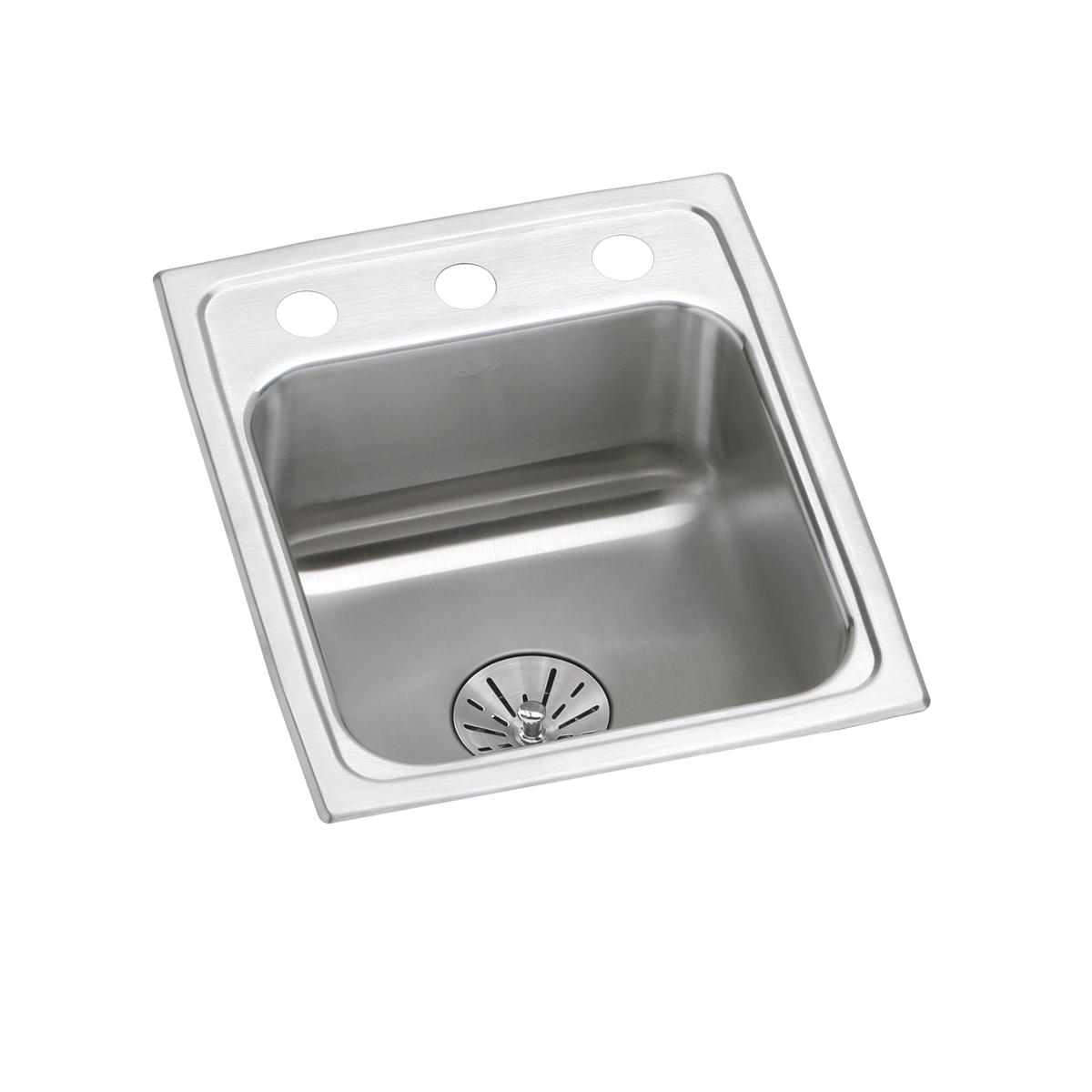 Stainless steel drop-in sink with single bowl, drain strainer, and four mounting holes on rim.