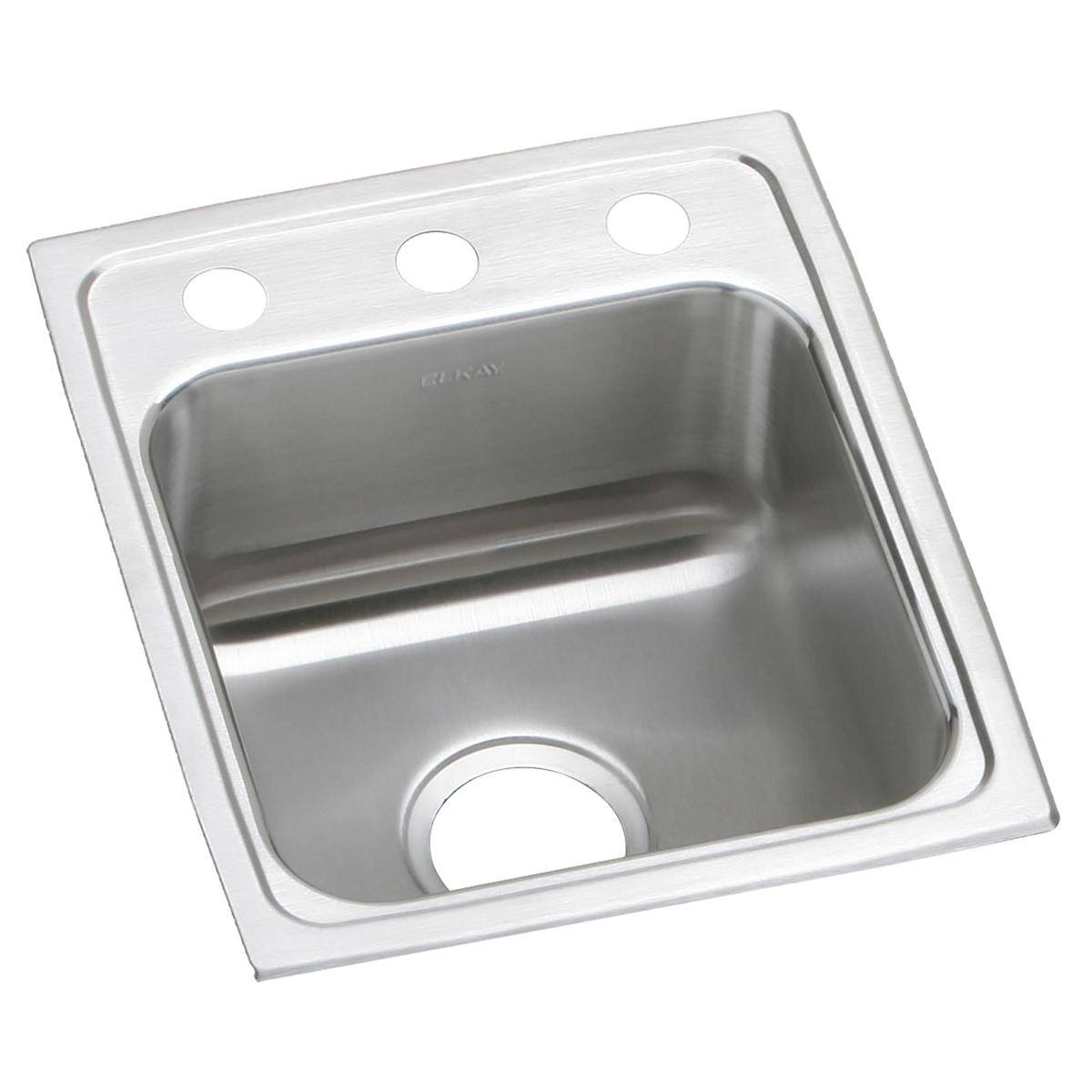 Stainless steel drop-in sink with single bowl, drain hole, and three pre-drilled holes across the rim for faucet installation