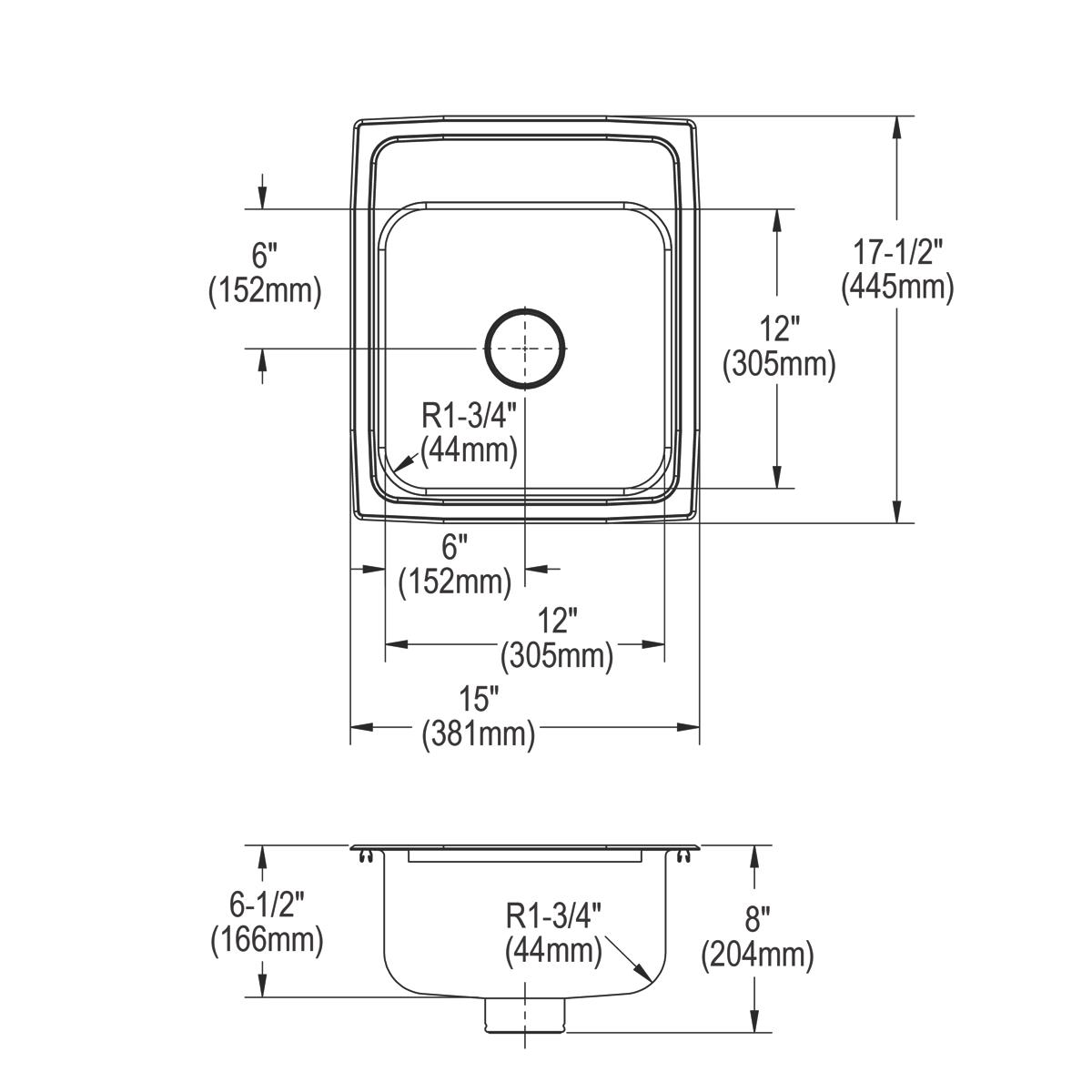 Stainless steel drop-in sink with single bowl, three holes, and detailed dimension measurements shown in technical diagram vi