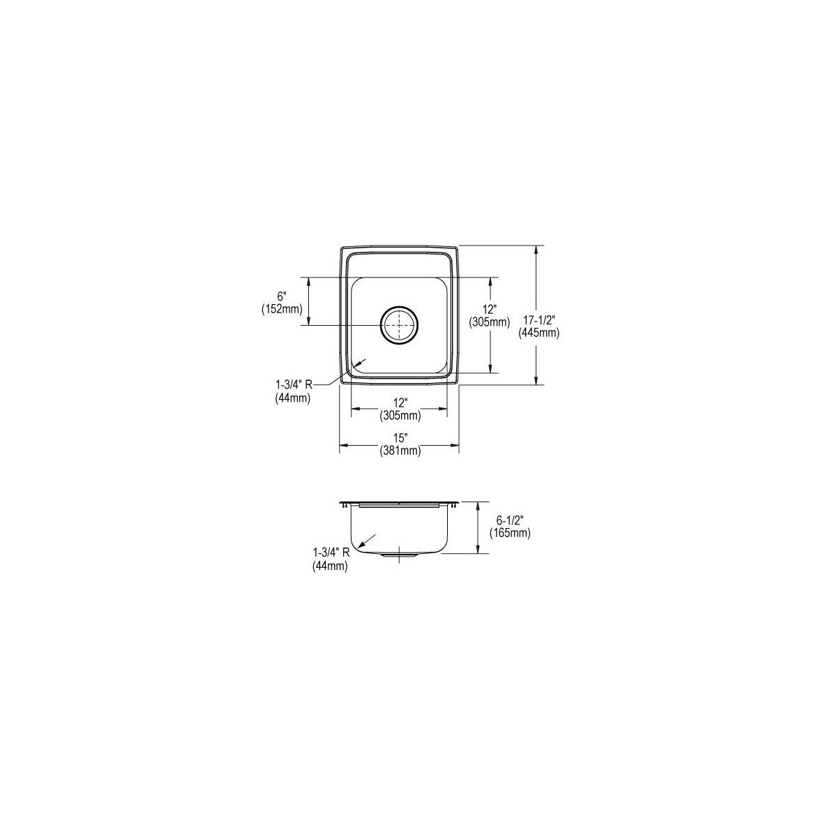 Stainless steel drop-in sink with single bowl, one faucet hole, and dimension measurements shown in top and side views.