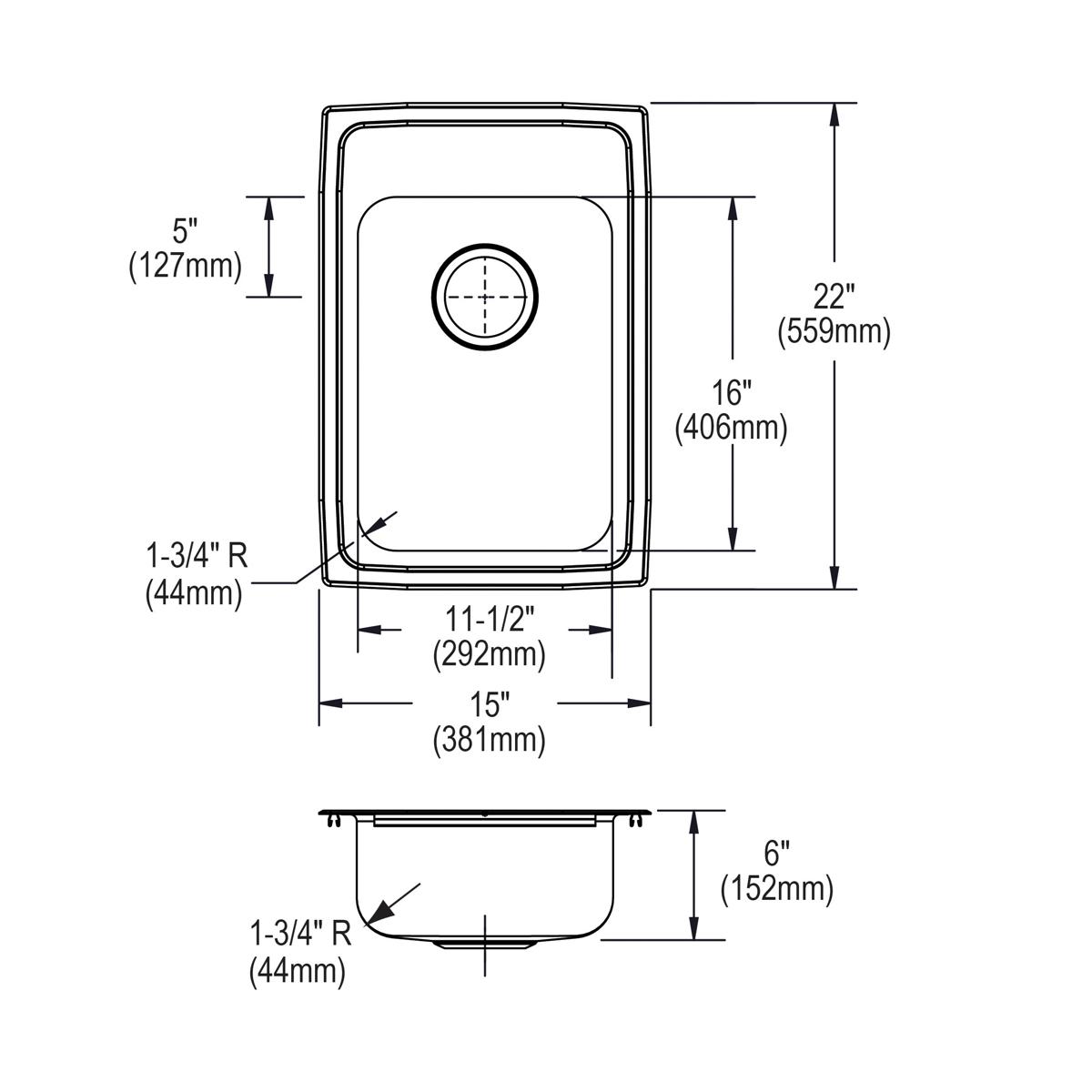Stainless steel single bowl drop-in sink with one faucet hole, top and side view technical drawing with measurements.