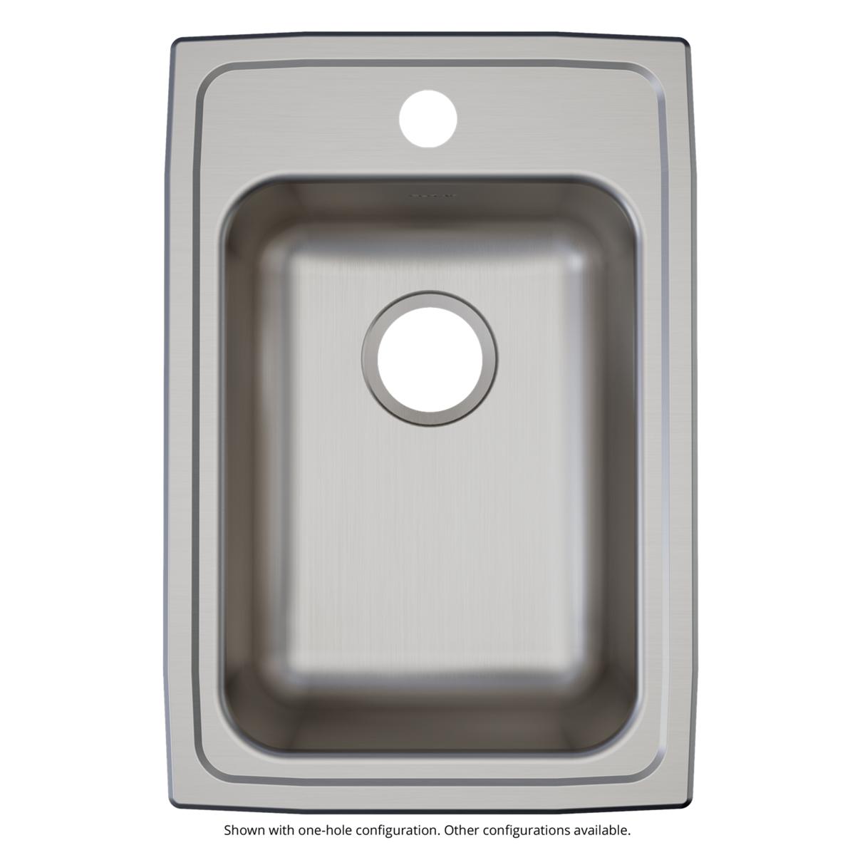Stainless steel drop-in sink with single bowl, brushed finish, and one faucet hole visible in rim.
