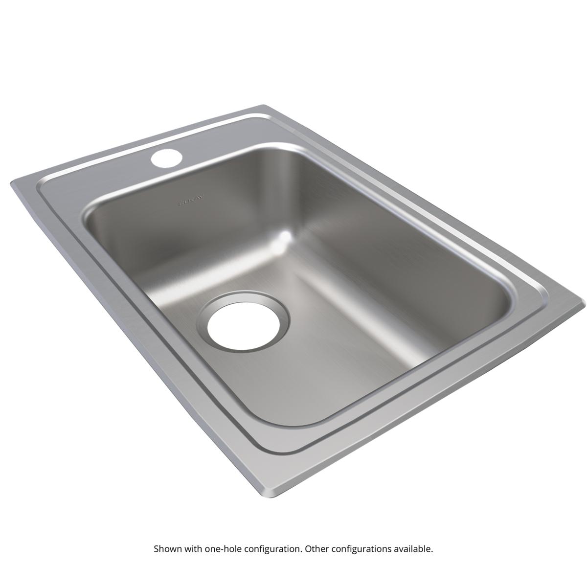 Brushed stainless steel single bowl drop-in sink with one drain hole and polished rim, shown at angle.