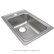Stainless steel drop-in sink with single bowl and two pre-drilled holes on deck for faucet installation.