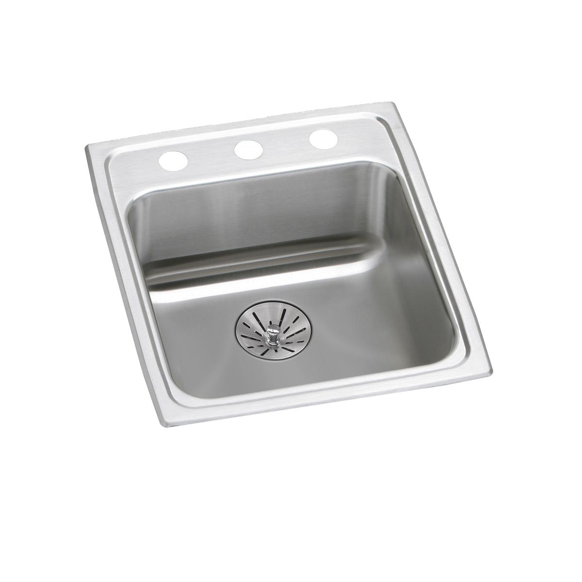 Stainless steel drop-in sink with single bowl, drain hole, and three faucet holes on rim.