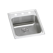 Stainless steel drop-in sink with single bowl, three faucet holes, and drain strainer visible on basin bottom.