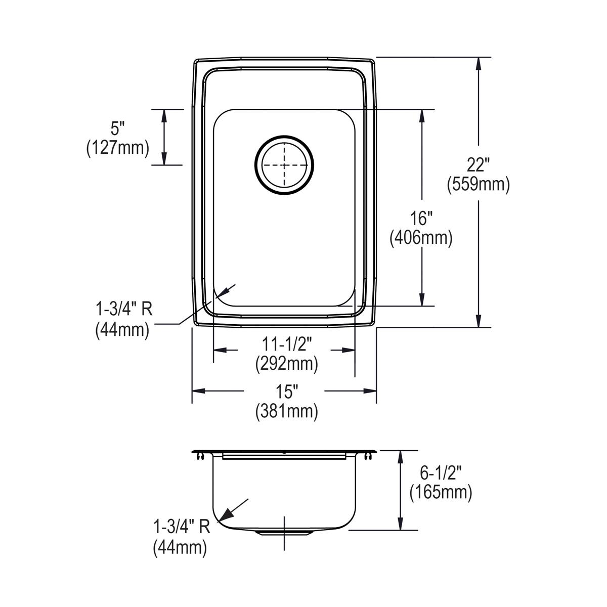 Stainless steel single-bowl drop-in sink with one faucet hole, rounded corners, and dimension specifications labeled.