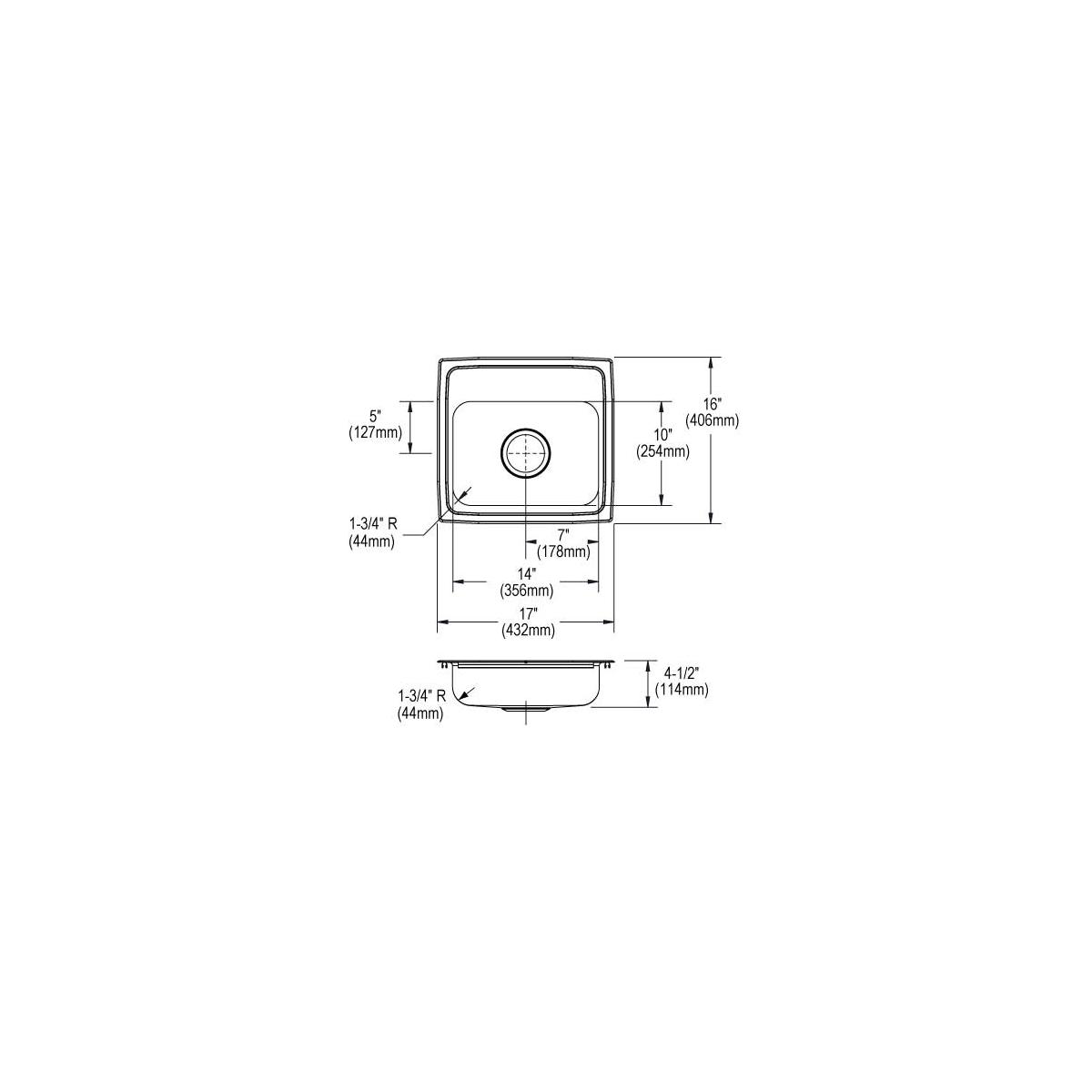 Stainless steel single bowl drop-in sink with one faucet hole and rounded corners, shown in top and side technical drawings w