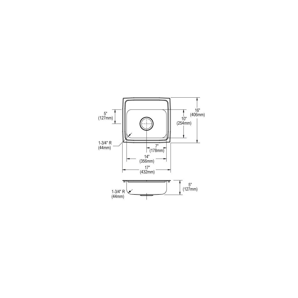 Stainless steel single bowl drop-in sink with two pre-drilled holes and dimension specifications shown in top and side views.