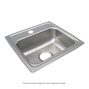 Stainless steel drop-in sink with single bowl and four faucet holes along the rim.