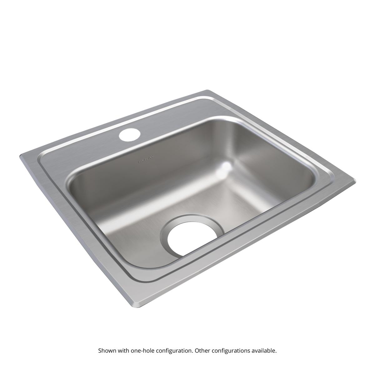 Stainless steel single bowl drop-in sink with rounded corners and one drain hole visible on the basin.