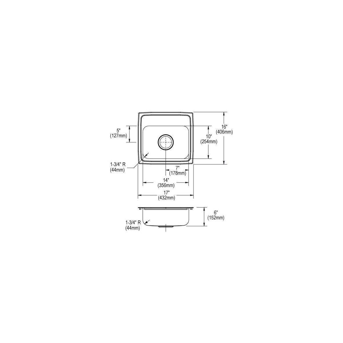 Stainless steel single bowl drop-in sink with rounded corners and center drain shown in top and side technical drawings.