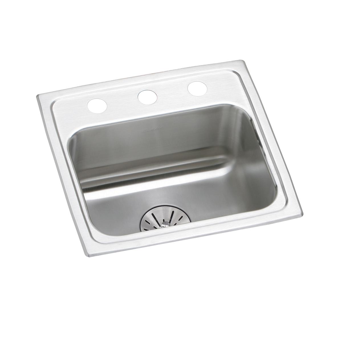 Stainless steel single bowl drop-in sink with one faucet hole and drain basket visible on white rim.