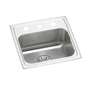 Stainless steel drop-in sink with single bowl, three holes on rim, and drain strainer visible.