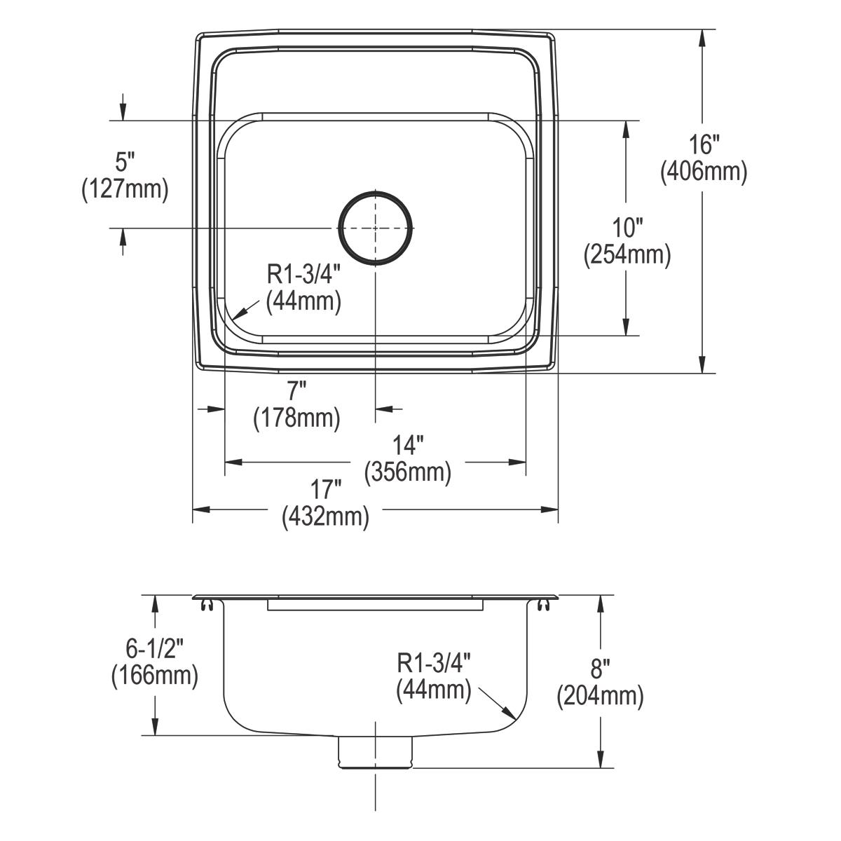 Top and side technical drawings of a stainless steel drop-in sink with single bowl, two holes, and dimensions labeled in inch