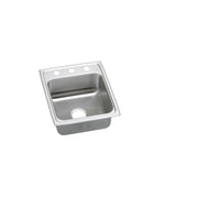 Stainless steel drop-in sink with single bowl, faucet holes along top rim, and drain opening visible.