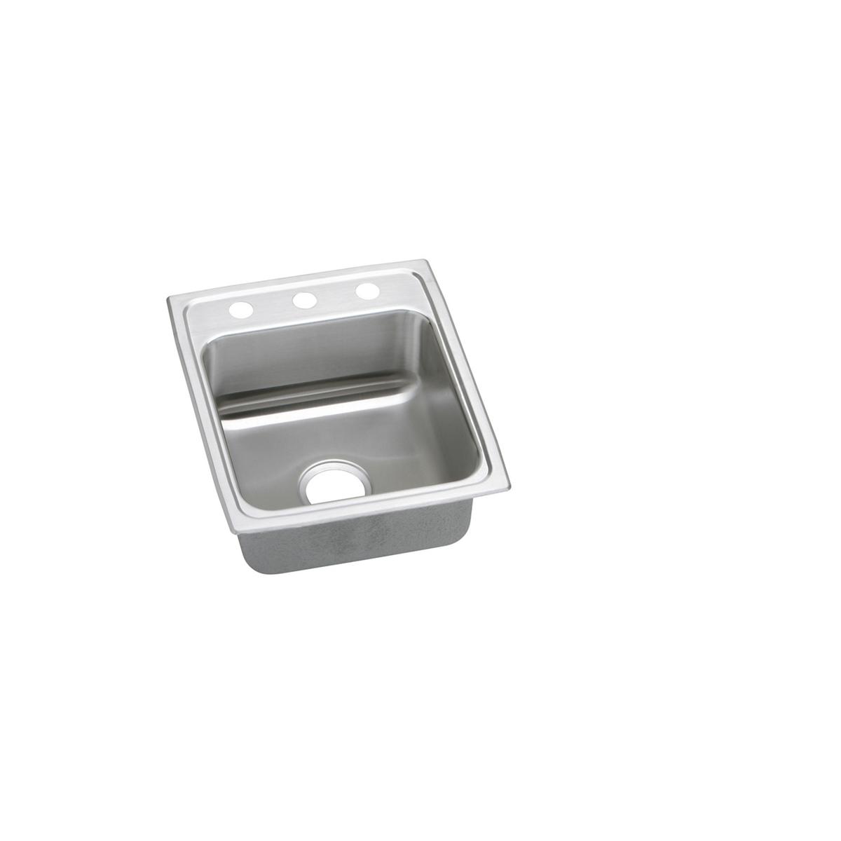 Stainless steel single bowl drop-in sink with two holes and drain strainer visible.