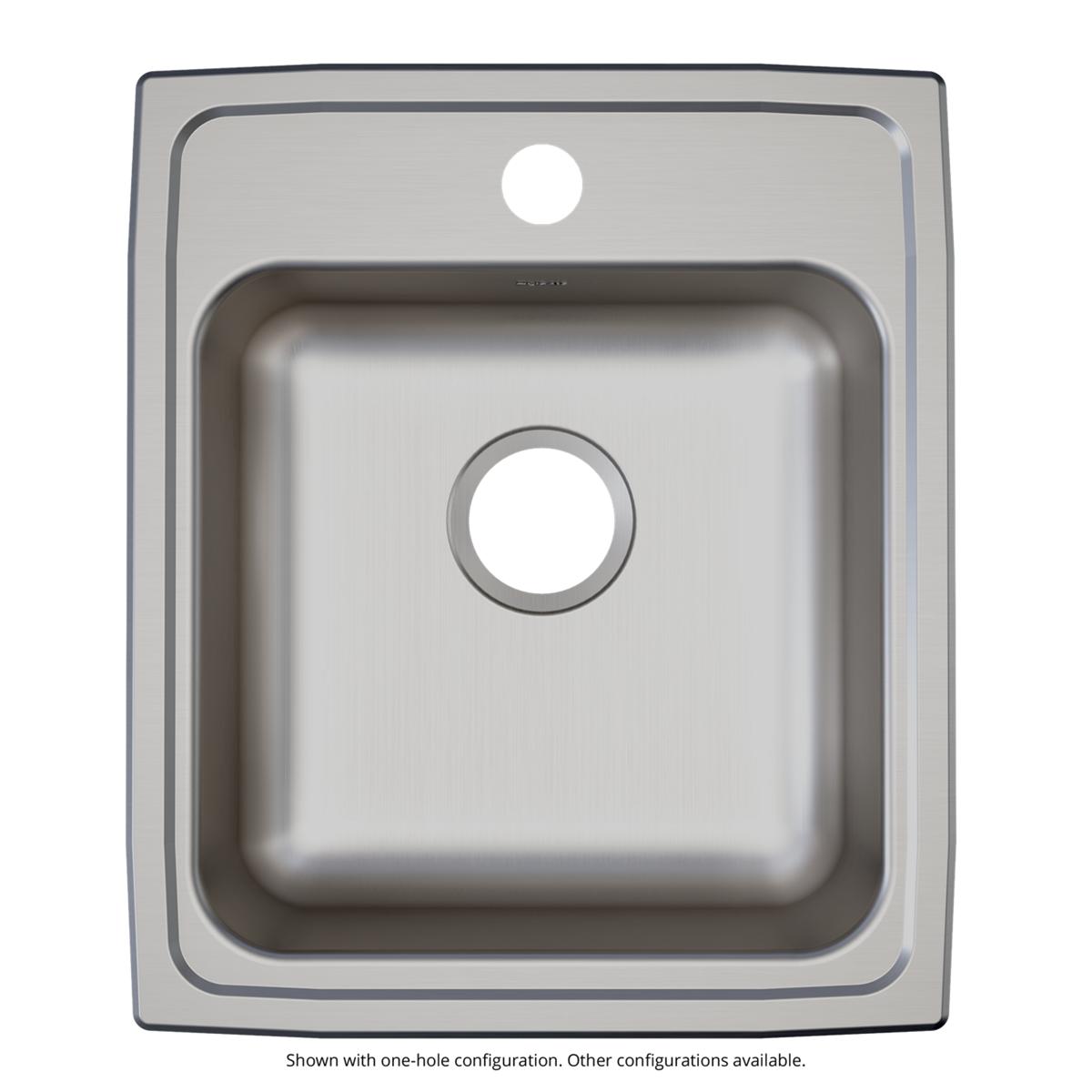 Stainless steel drop-in sink with single bowl and brushed finish, shown with one faucet hole and additional pre-drilled holes