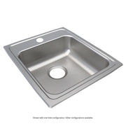 Stainless steel drop-in sink with single bowl, drain hole, and faucet mounting hole visible on rim.
