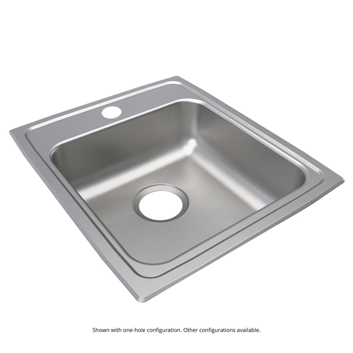 Stainless steel single-bowl drop-in sink with three-hole configuration and brushed finish.
