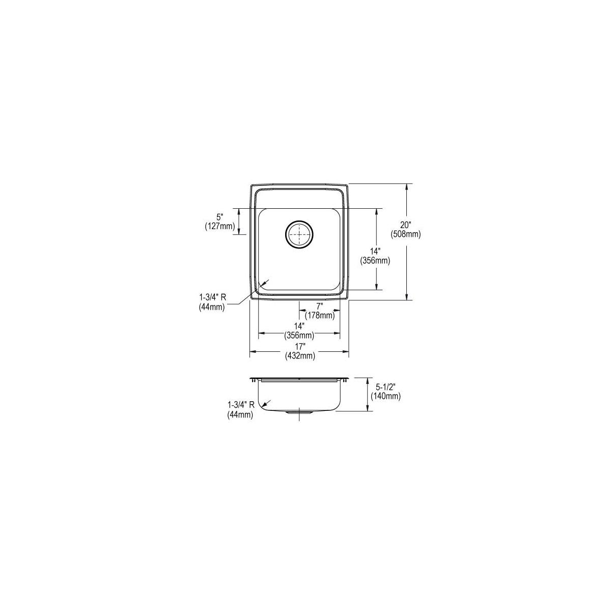 Stainless steel drop-in sink with single bowl, two faucet holes, and detailed dimensions showing 17" width, 20" depth, and 5-