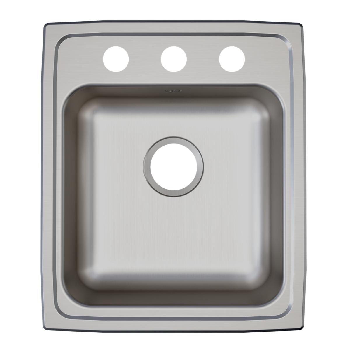 Stainless steel drop-in sink with single bowl and three holes in rim for faucet mounting.
