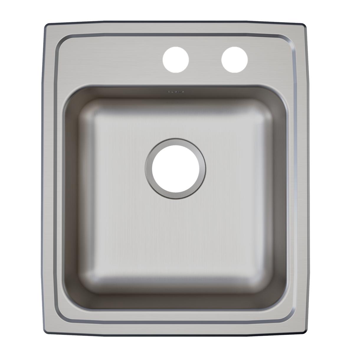 Stainless steel drop-in sink with single bowl, two faucet holes, and brushed finish surface.