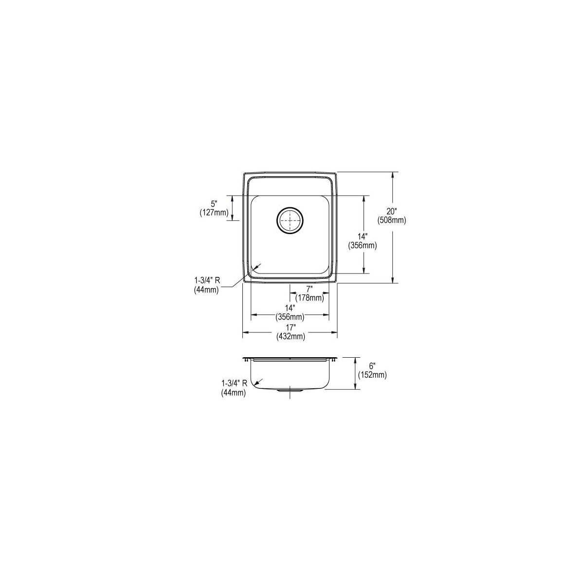 Stainless steel single bowl drop-in sink with rounded corners, center drain hole, and dimension measurements labeled.