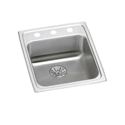 Stainless steel single bowl drop-in sink with drain basket and three faucet holes on rim.