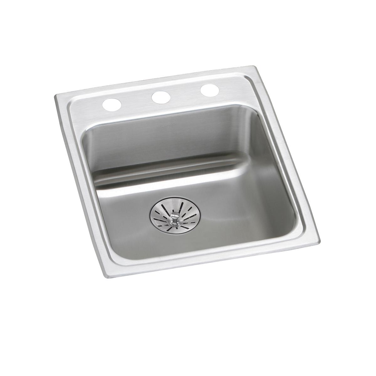 Stainless steel drop-in sink with single bowl, drain strainer, and three mounting holes along the rim.