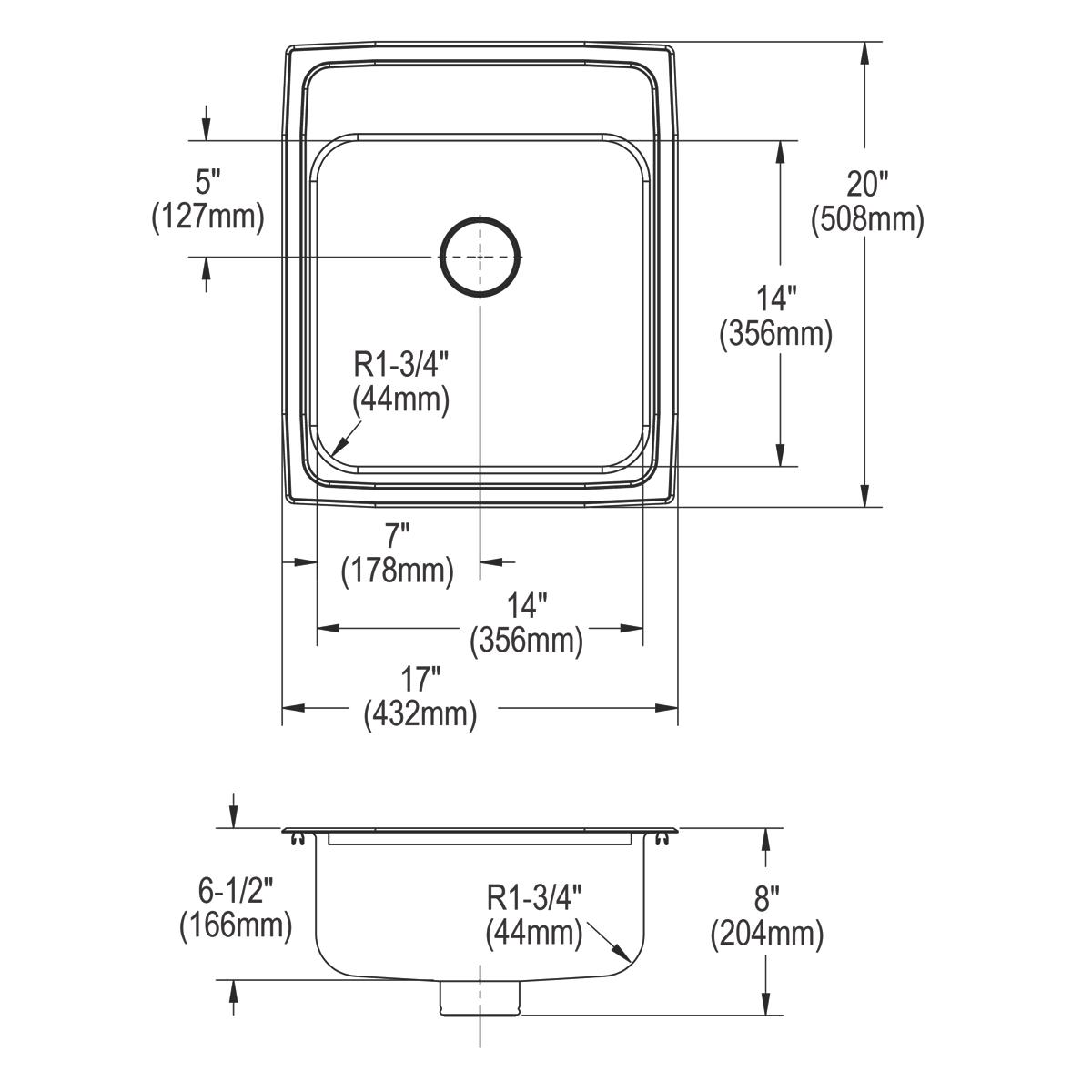 Stainless steel single bowl drop-in sink with centered drain hole and rounded corners, shown in top and side profile views wi