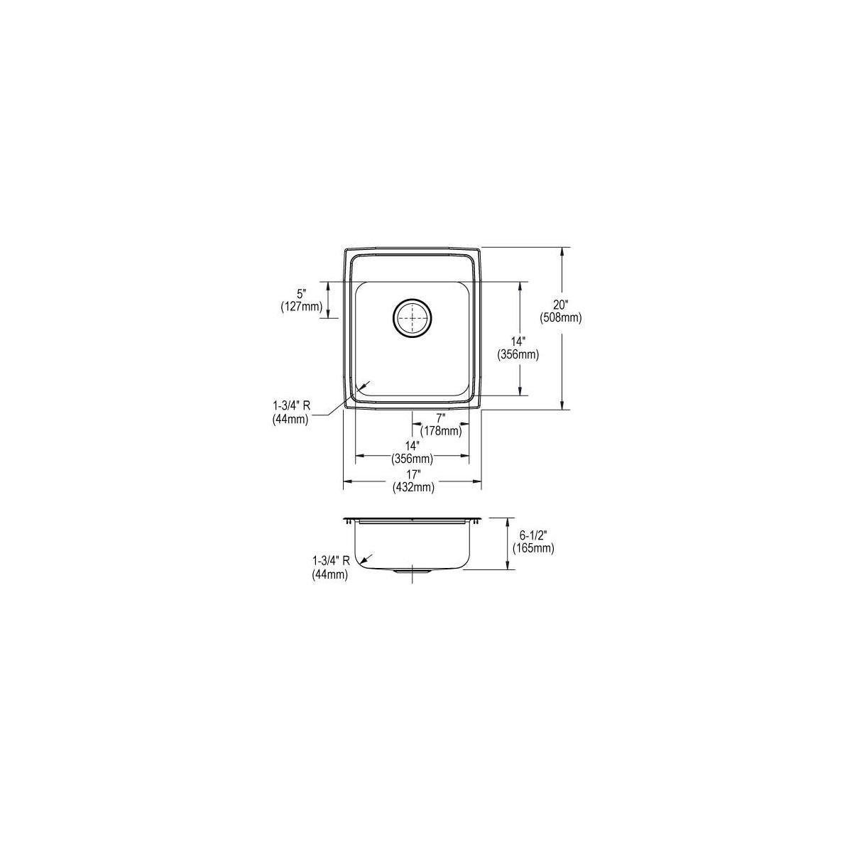 Stainless steel single bowl drop-in sink with rounded corners and two faucet holes, shown in top and side technical drawings 